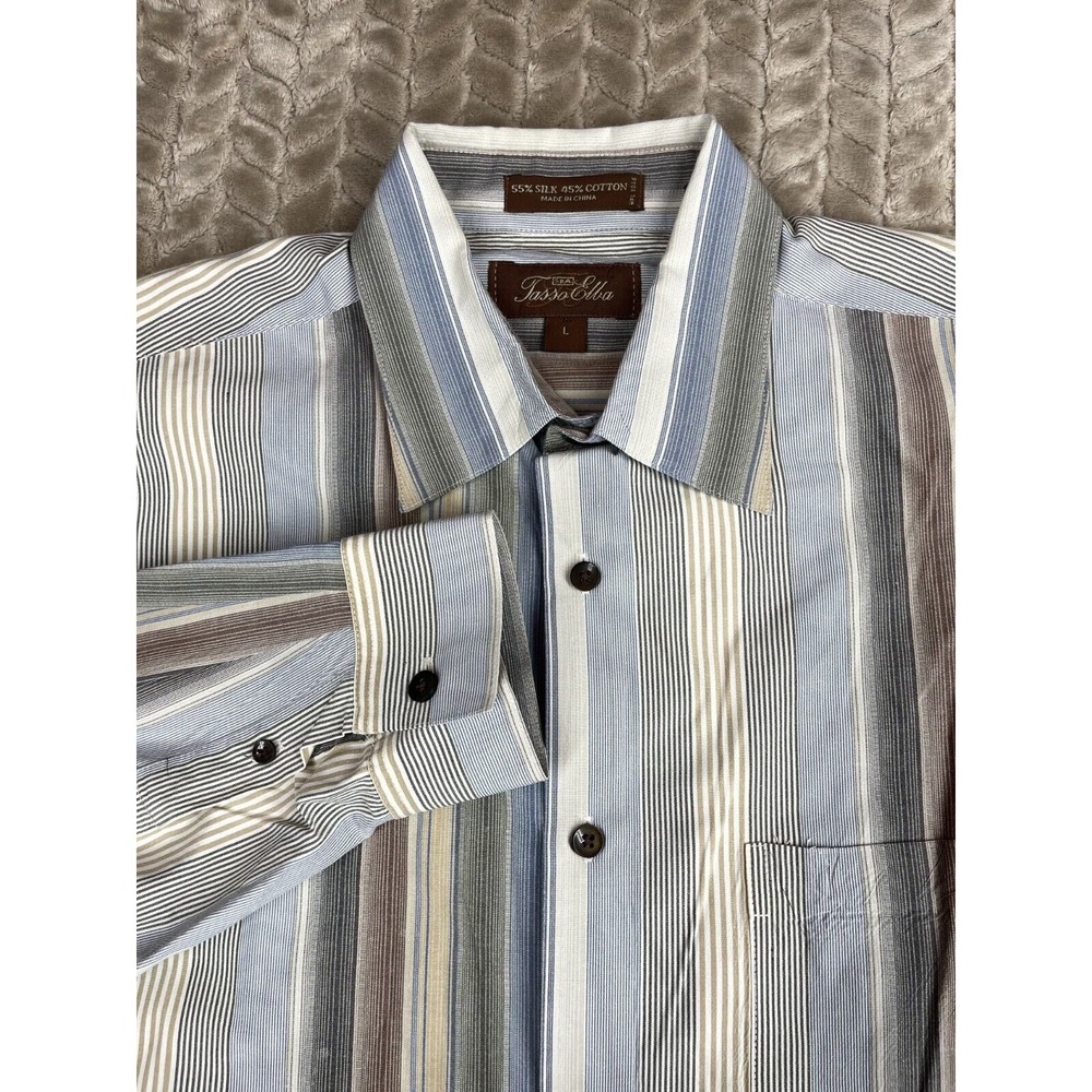 Tasso Elba Dress Shirt Mens L‎ Multicolor Striped Silk Cotton Long Sleeve